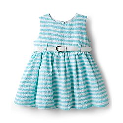 Babyhug Cotton Woven Sleeveless Striped Frock With Belt - Light Blue