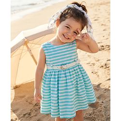 Babyhug Cotton Woven Sleeveless Striped Frock With Belt - Light Blue