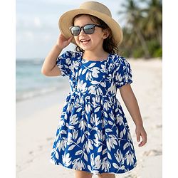 Babyhug Cotton Woven Half Sleeves Floral Printed Frock - Blue