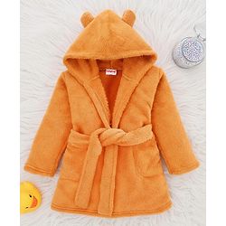 Babyhug Knit Full Sleeves Solid Hooded Bath Robe - Brown