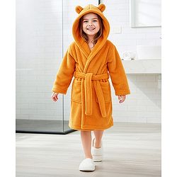 Babyhug Knit Full Sleeves Solid Hooded Bath Robe - Brown