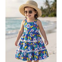 Babyhug Cotton Woven Sleeveless Frock with Floral Print - Blue