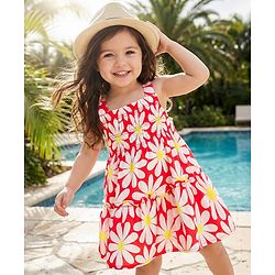 Babyhug 100% Cotton Woven Sleeveless Floral Printed Frock - Red & White