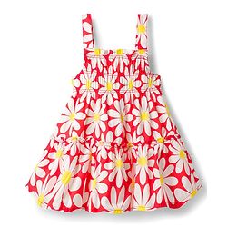 Babyhug 100% Cotton Woven Sleeveless Floral Printed Frock - Red & White