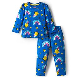 Babyhug Cotton Knit Full Sleeves Co-ord Night Suit With Rainbow Print - Blue