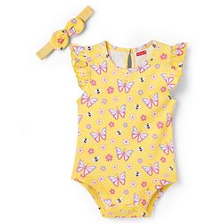 Babyhug 100% Cotton Knit Frill Sleeves Onesie With Floral Print & Headband - Yellow