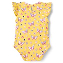 Babyhug 100% Cotton Knit Frill Sleeves Onesie With Floral Print & Headband - Yellow