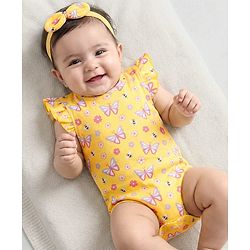 Babyhug 100% Cotton Knit Frill Sleeves Onesie With Floral Print & Headband - Yellow