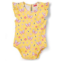 Babyhug 100% Cotton Knit Frill Sleeves Onesie With Floral Print & Headband - Yellow
