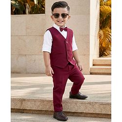 Babyhug Knit Full Sleeves Solid 3 Piece Party Suit With Bow - Wine
