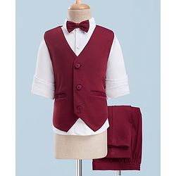 Babyhug Knit Full Sleeves Solid 3 Piece Party Suit With Bow - Wine