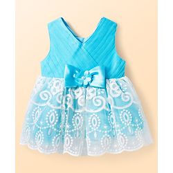 Babyhug 5 Layers With Cotton Lining Mesh Sleeveless Party Dress With Heavy Embroidery Detailing & Bow - Light Blue