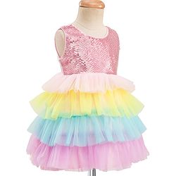 Babyhug Woven Sleeveless Mesh Party Dress With Sequinned Yoke - Multicolor