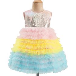 Babyhug Woven Sleeveless Mesh Party Dress With Sequinned Yoke - Multicolor