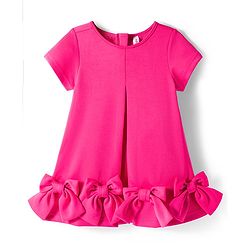 Babyhug Scuba Woven Half Sleeves Solid Party Dress With Frill Detailing & Bow Applique - Dark Pink
