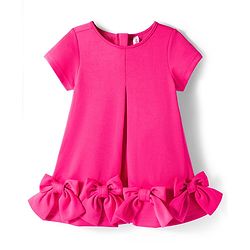 Babyhug Scuba Woven Half Sleeves Solid Party Dress With Frill Detailing & Bow Applique - Dark Pink