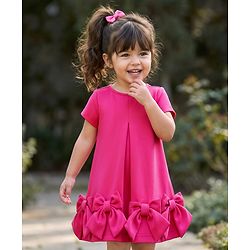Babyhug Scuba Woven Half Sleeves Solid Party Dress With Frill Detailing & Bow Applique - Dark Pink
