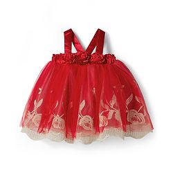 Babyhug Mesh Woven Sleeveless Party Dress With Floral Applique & Embroidery - Red