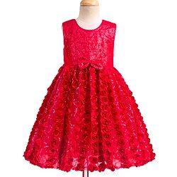 Babyhug Mesh Woven Sleeveless Party Dress With Floral Corsage & Bow Applique - Fuchsia