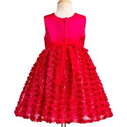Babyhug Mesh Woven Sleeveless Party Dress With Floral Corsage & Bow Applique - Fuchsia
