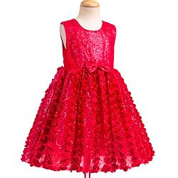 Babyhug Mesh Woven Sleeveless Party Dress With Floral Corsage & Bow Applique - Fuchsia
