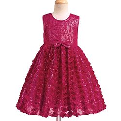 Babyhug Mesh Woven Sleeveless Party Dress With Floral Corsage & Bow Applique - Fuchsia