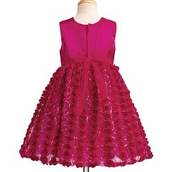 Babyhug Mesh Woven Sleeveless Party Dress With Floral Corsage & Bow Applique - Fuchsia