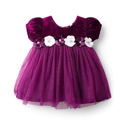 Babyhug Mesh Woven Half Puffed Sleeves Fit and Flare Party Dress With Glitter & Floral Applique - Wine