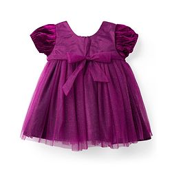 Babyhug Mesh Woven Half Puffed Sleeves Fit and Flare Party Dress With Glitter & Floral Applique - Wine