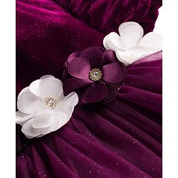 Babyhug Mesh Woven Half Puffed Sleeves Fit and Flare Party Dress With Glitter & Floral Applique - Wine