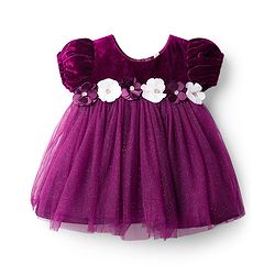 Babyhug Mesh Woven Half Puffed Sleeves Fit and Flare Party Dress With Glitter & Floral Applique - Wine