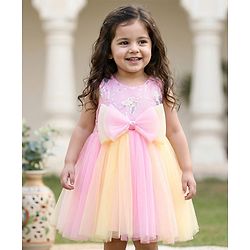 Babyhug Woven Sleeveless Party Dress with Bow Applique & Sequin Detailing - Multicolor
