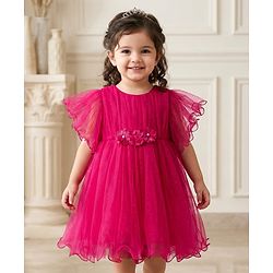 Babyhug Woven Frill Sleeves Party Dress with Corsage - Fuchsia