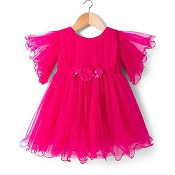 Babyhug Woven Frill Sleeves Party Dress with Corsage - Fuchsia