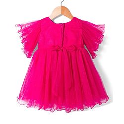 Babyhug Woven Frill Sleeves Party Dress with Corsage - Fuchsia