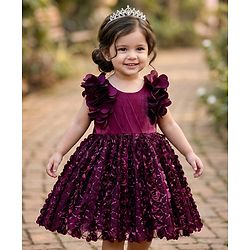 Babyhug Woven Frill Sleeves Party Dress with Corsage - Wine