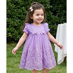 Babyhug Woven Half Puffed Sleeves Party Dress with Embroidery & Bow Applique - Lavender