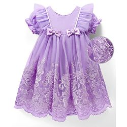 Babyhug Woven Half Puffed Sleeves Party Dress with Embroidery & Bow Applique - Lavender