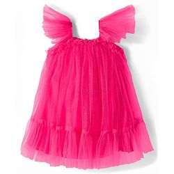 Babyhug Mesh Woven Frill Sleeves Party Dress With Glitter Print - Red