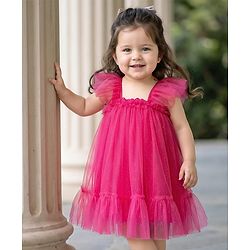 Babyhug Mesh Woven Frill Sleeves Party Dress With Glitter Print - Red
