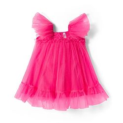 Babyhug Mesh Woven Frill Sleeves Party Dress With Glitter Print - Red