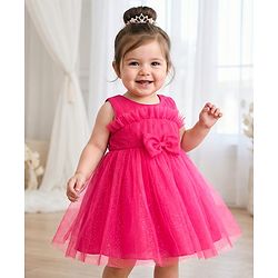 Babyhug Mesh Woven Sleeveless Party Dress With Glitter Print & Bow Applique - Red