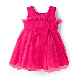 Babyhug Mesh Woven Sleeveless Party Dress With Glitter Print & Bow Applique - Red
