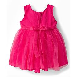 Babyhug Mesh Woven Sleeveless Party Dress With Glitter Print & Bow Applique - Red
