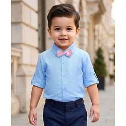 Babyhug Cotton Woven Full Sleeves Solid Color Party Shirt With Bow - Blue