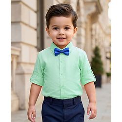 Babyhug Cotton Woven Full Sleeves Solid Color Party Shirt With Bow - Light Green