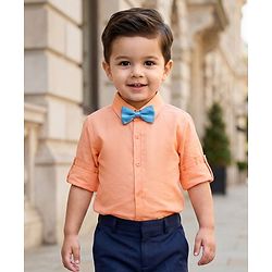 Babyhug Cotton Woven Full Sleeves Solid Color Party Shirt With Bow - Orange