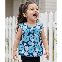 Babyhug Woven Sleeveless Floral Printed Peter Pan Collar Top - Blue