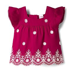 Babyhug Woven Half Sleeves Top With Floral Embroidery - Maroon