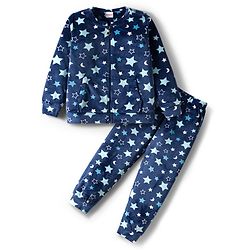 Babyhug Velour Woven Full Sleeves Co-ords Winter Wear Suit with Star Print - Navy Blue